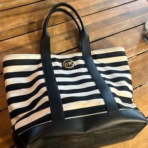 Michael Kors Black & White Striped Large Tote Purse EUC